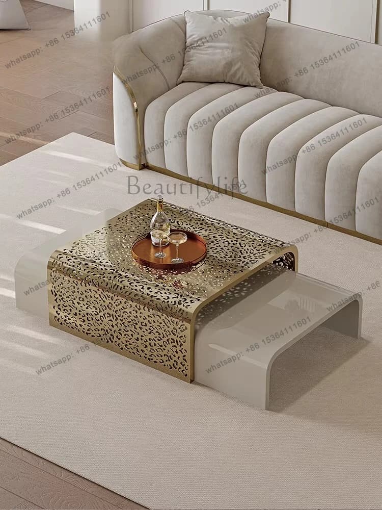 Italian light luxury retractable coffee table high-end small apartment metal hollow side table combination