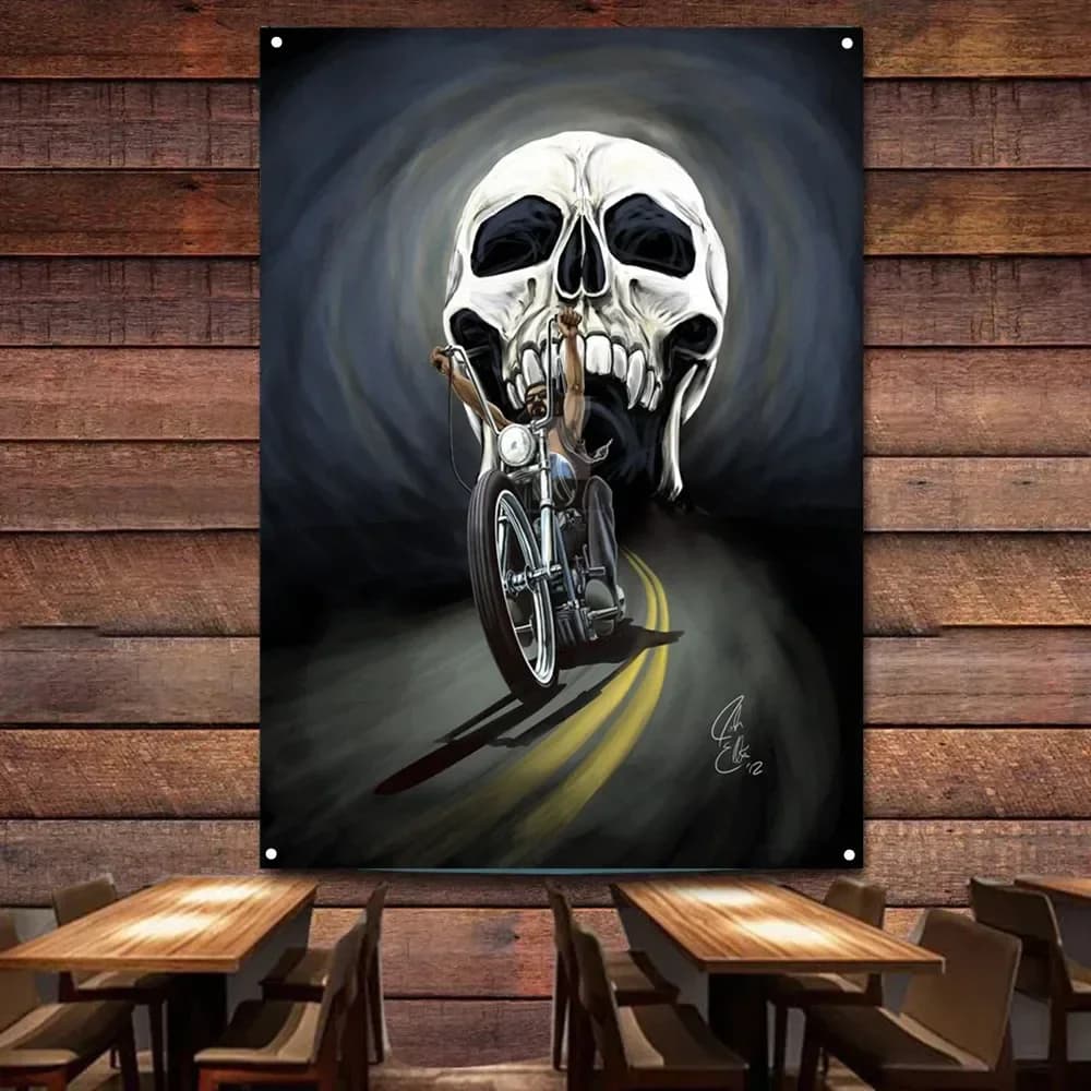 Skull Motorcycle Flag Tapestry Banner Motor Rider Decor Poster Wall Art Vintage Sign Motor Car Painting For Garage Man Cave