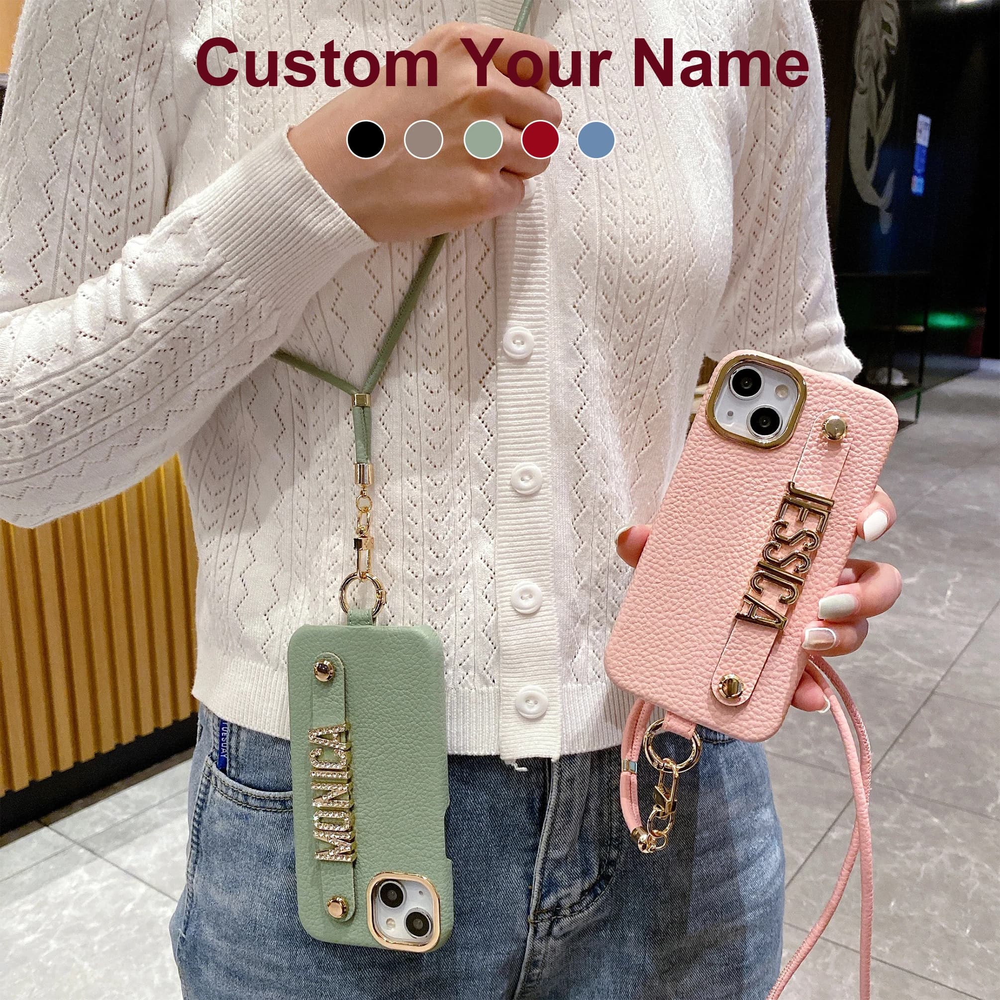 Customized Name Letters Leather Phone Case for iPhone17 16 15 14 13 12 11 18ProMax 16 15Plus Diamond Letter Crossbody Lanyard