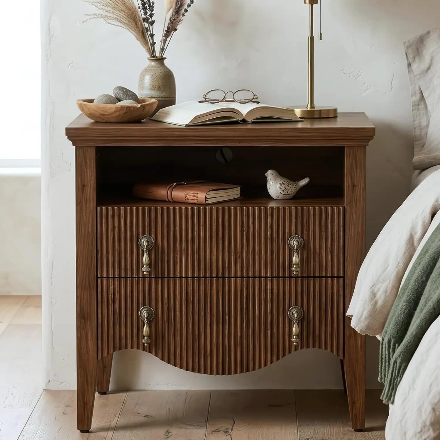 Fluted Nightstand with Charging Station & 2 Drawers,Walnut | Vintage Bedside Table, 2 Fluted Drawers and Open, Customized