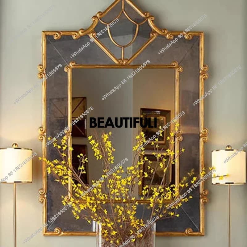 Antique gold model house fireplace mirror European art entrance wall hanging scenery creative background wall decoration mirror