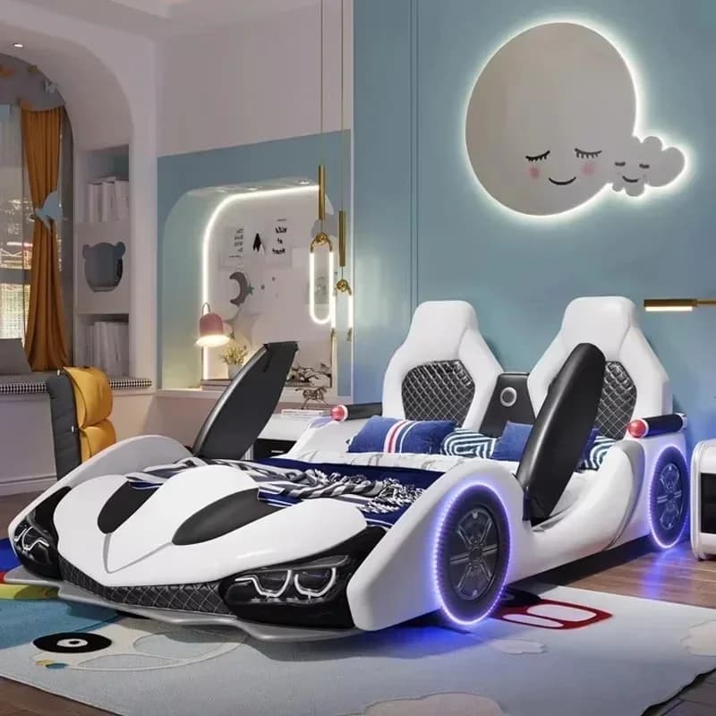 HOT SALE Factory Wholesale Double Creative Kids Car Bed Boy Cartoon Leather Single Bed with Guardrail Girl Children Racing