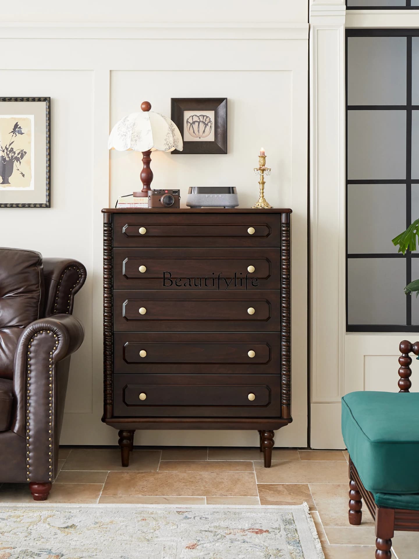 Pure log French light luxury medieval American all solid wood living room bedroom storage drawer