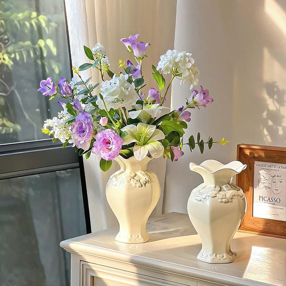 French Style White Relief Ceramic Vase for Living Room & Dining Table, Luxury Home Decor