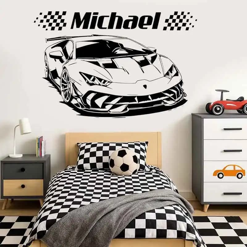 Custom Name Race Car Wall Decal Personalized Boys Bedroom Wall Sticker Supercar Vinyl Poster Kids Playroom Decor Nursery Mural