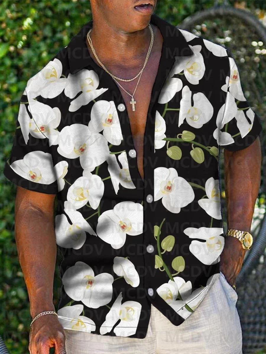 Beach Vacation Men's Hawaiian Shirt Floral Print Pocket Camping Shirt Men's Button Shirt