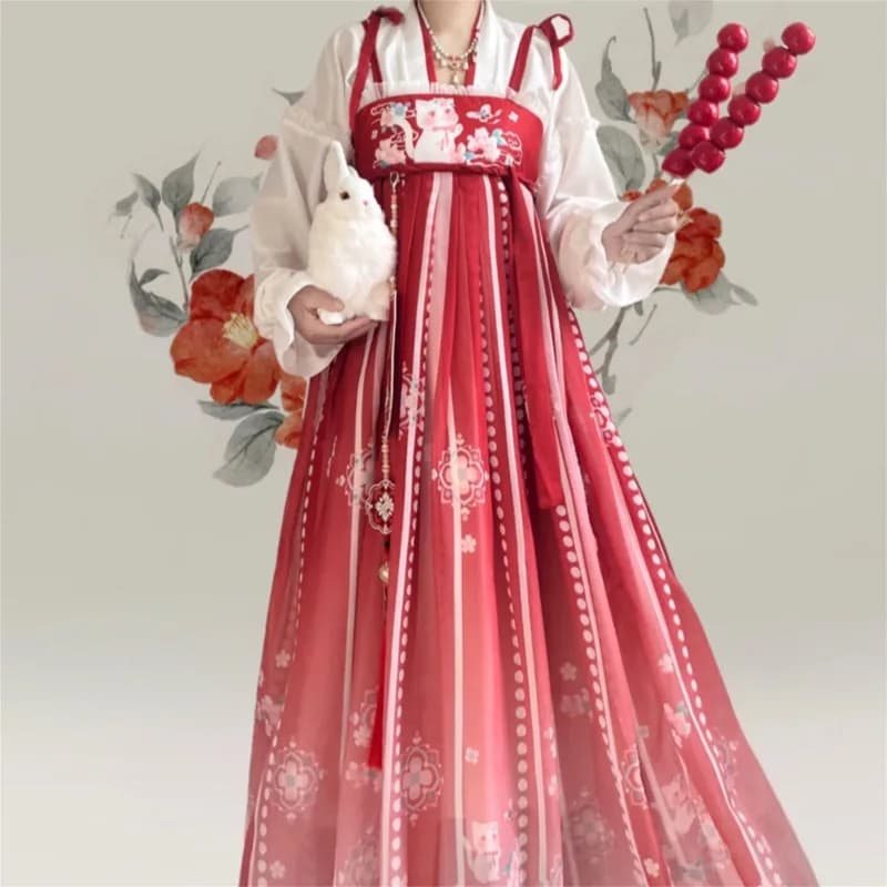Chinese Hanfu Dress Women Traditional Vintage Cat Print Floral Hanfu Cosplay Costume Elegant Stage Dance Dress Hanfu Robe Sets