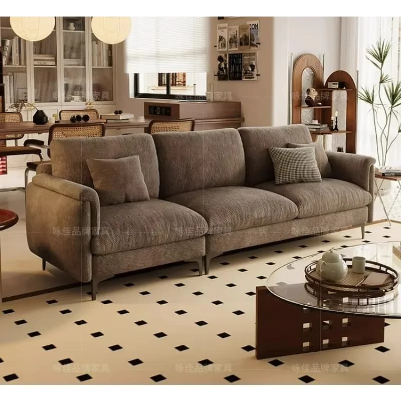 LTT French retro style brown fabric sofa small apartment narrow version straight row three-person sofa