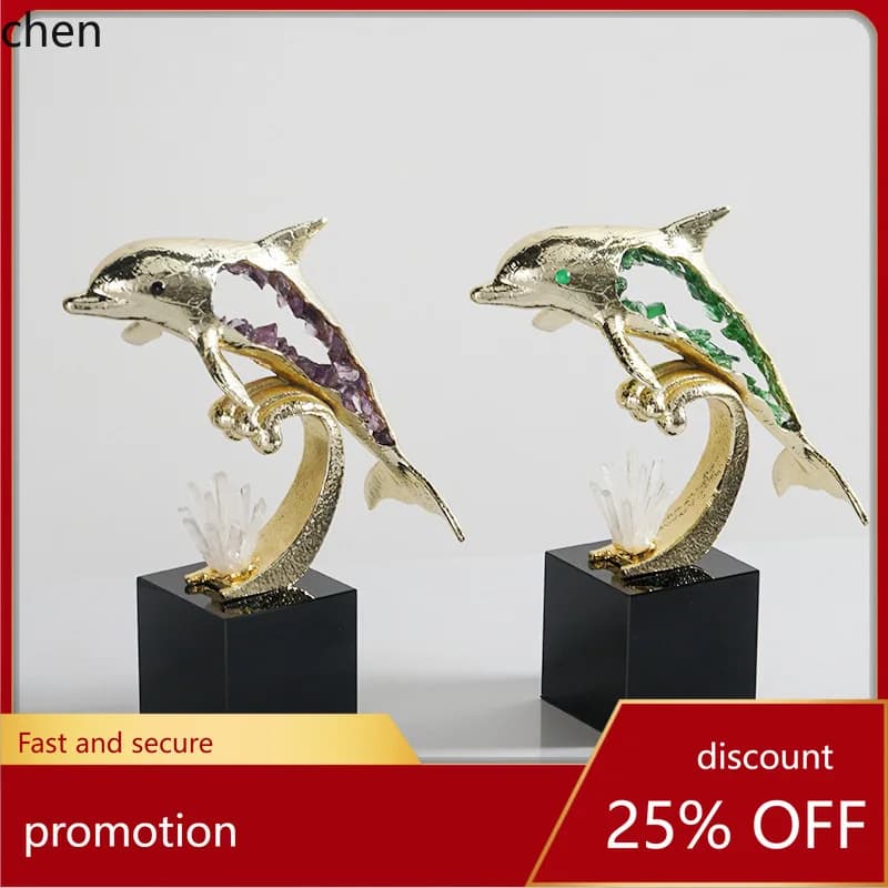 HT High-End Wealth-Attracting Crystal Dolphin Living Room Entrance TV Cabinet Housewarming Gift Decoration Home Ornament