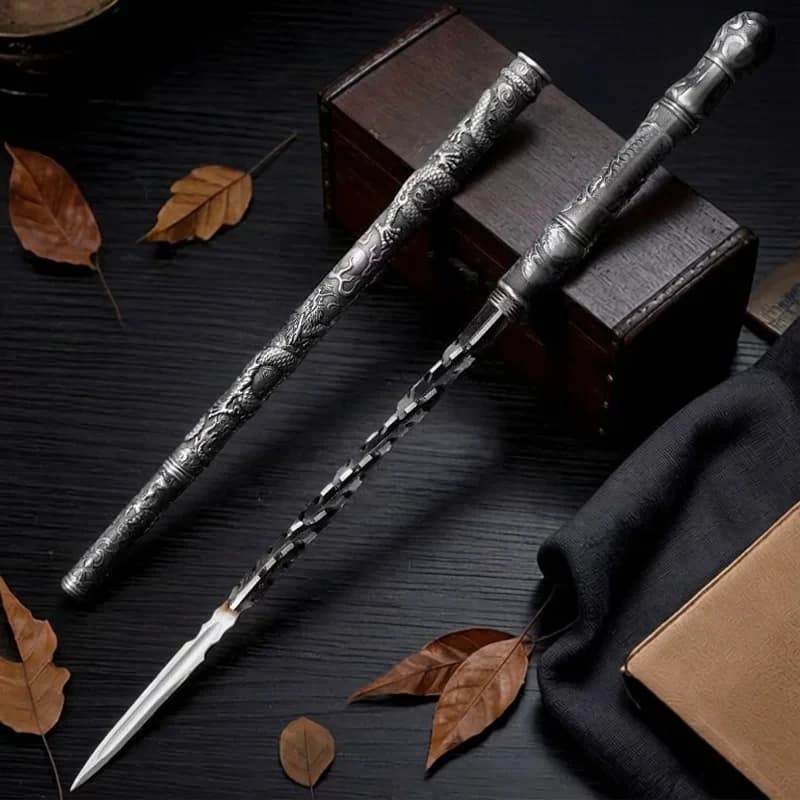 Dragon Pattern Coiled Spear Mace Manganese Steel Blade Embossed Alloy Scabbard Extendable Free Sword Stand Martial Arts