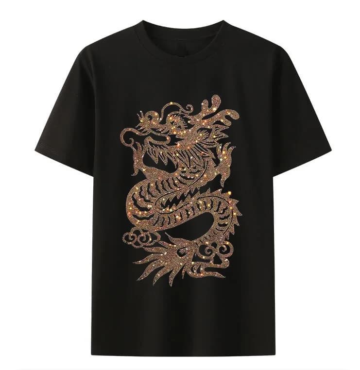 New Men's Short Sleeve T-Shirt Hot Drill Animal Dragon Tiger Leopard Pattern Fashion Short Sleeve T-Shirt