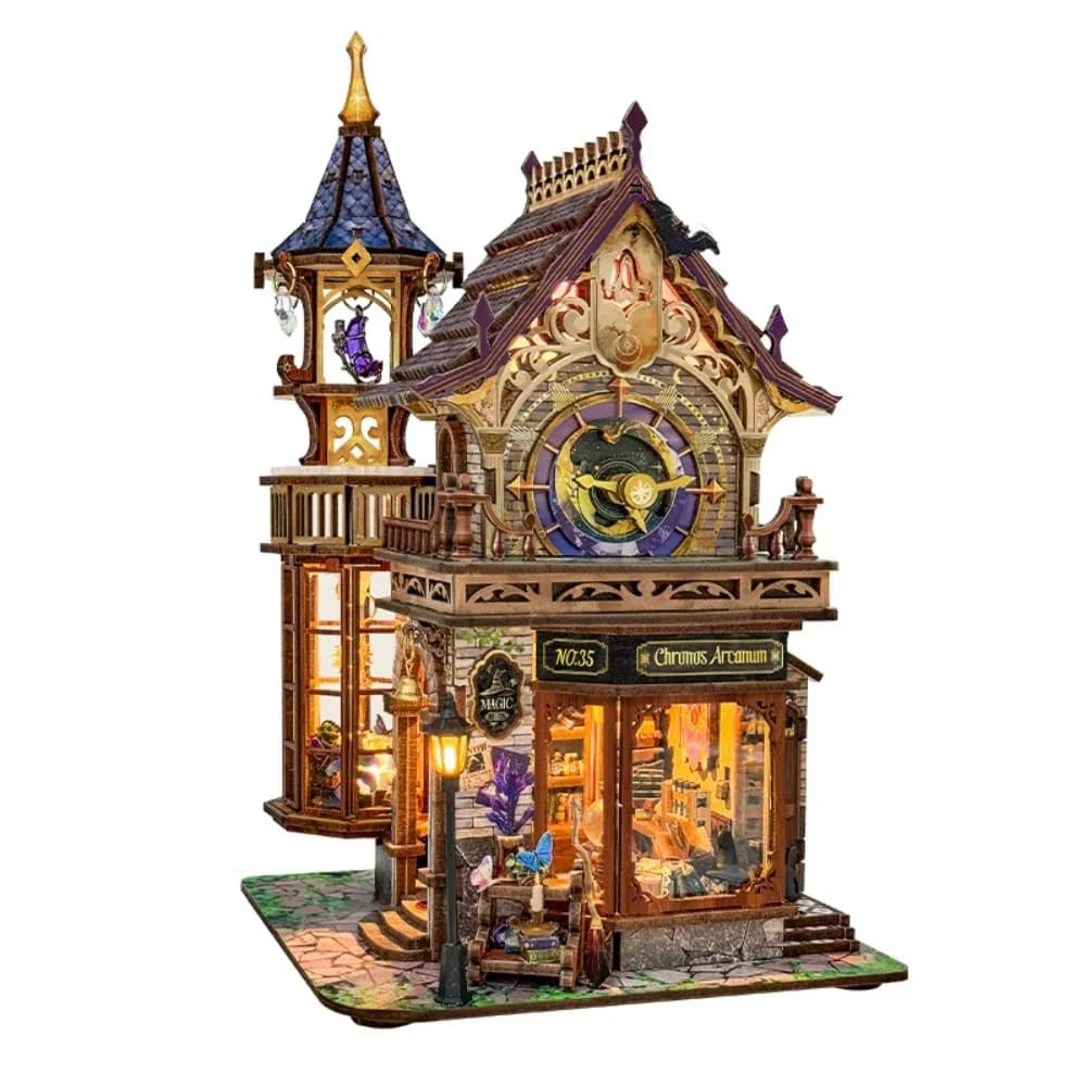 DIY Wooden Book Nook Kit, Time Magic Club Miniature House with LED Lights & Music, Figurines for Home Decor, Birthday Gift