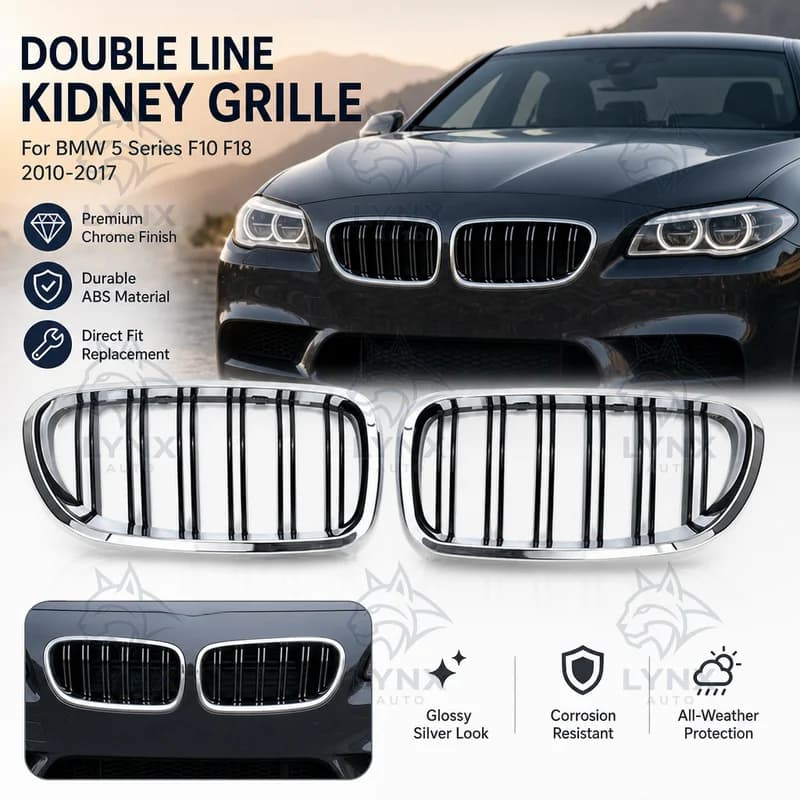 For BMW 5 Series F10 F18 2010-2017 Double Line Chrome Frame Front Kidney Grille Silver Glossy Replacement Car Styling
