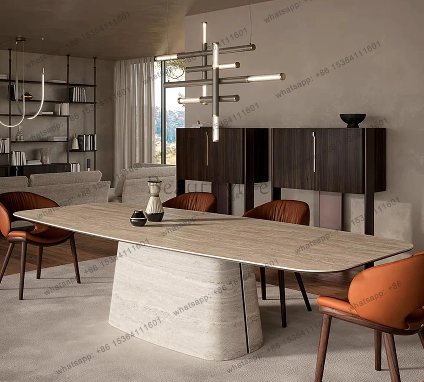 Travertine rock slab dining table and chairs modern simple household small apartment rectangular dining table