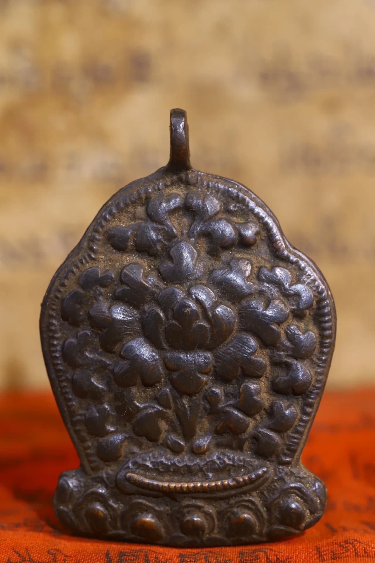 3"Tibetan Temple Collection Old Bronze Cinnabar Buddha Flower Tree Pattern Buddha Plague Pendant Amulet Dharma Town house