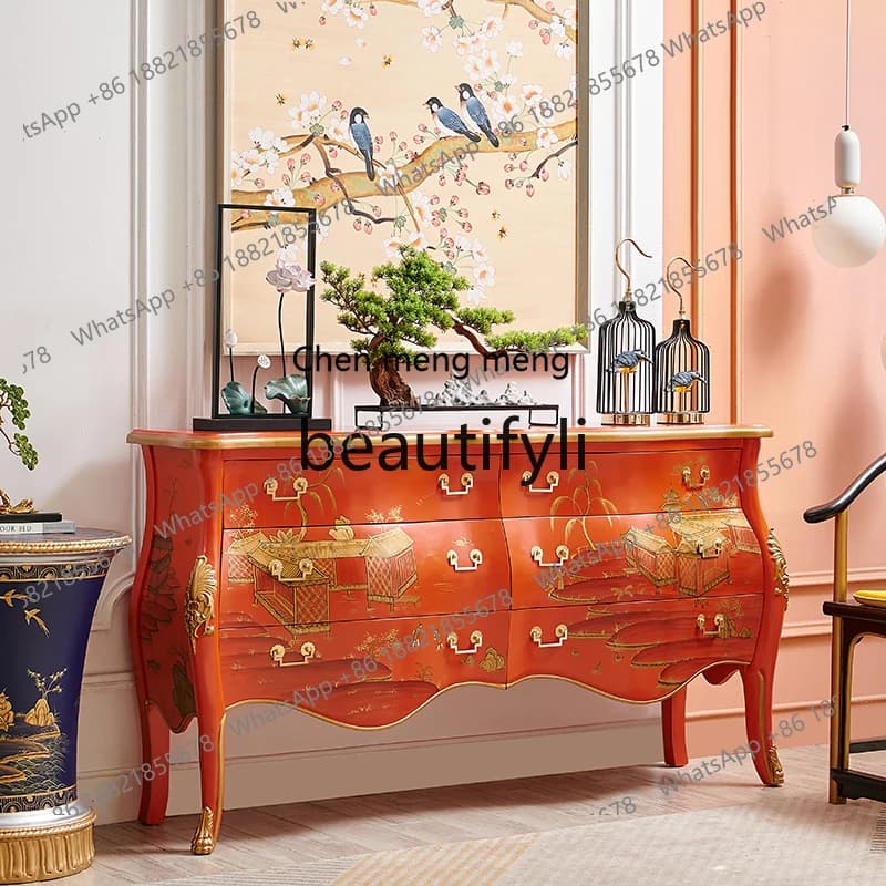 Entry solid wood French retro Chinese style gold-painted entrance foyer dining side decorative cabinet