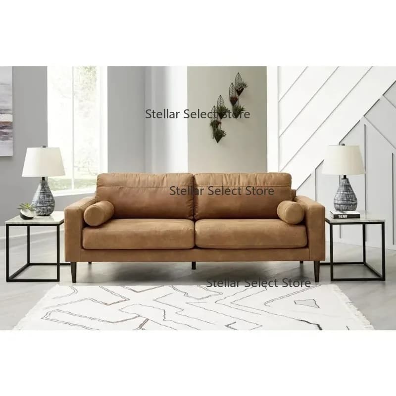 v Living Room Sofas Signature Design Modern Faux Leather Sofa With 2 Bolster Pillows, Dark Brown Couch Sofas