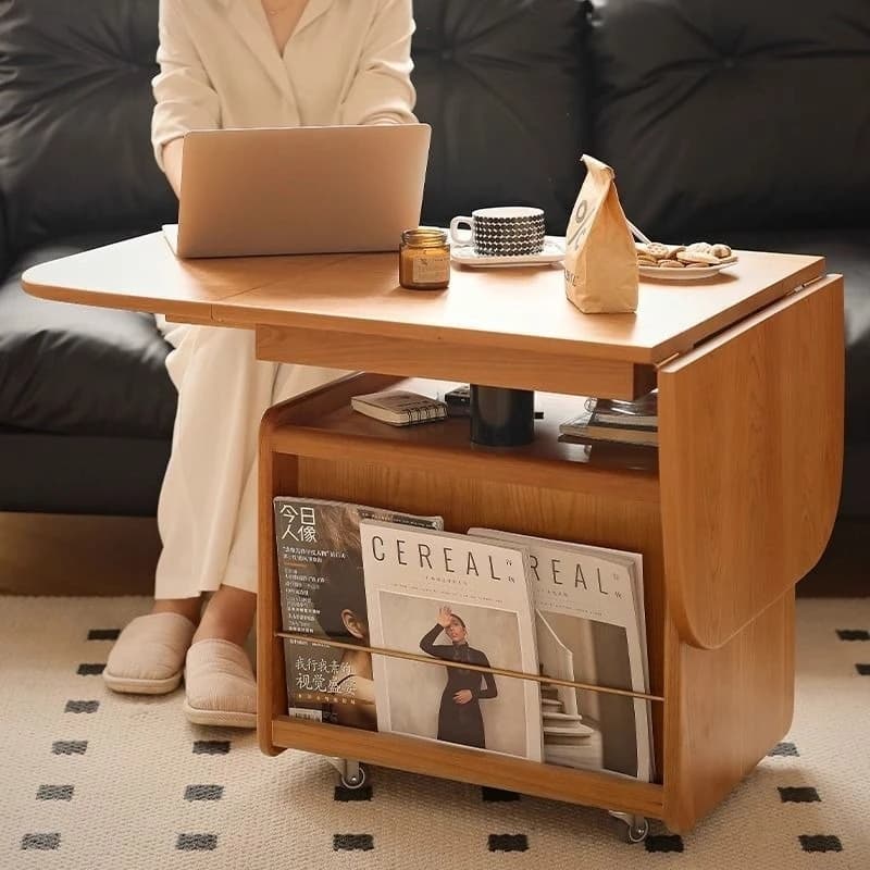 Solid wood lifting and folding mobile coffee table, living room small apartment sofa household cart table, dining table
