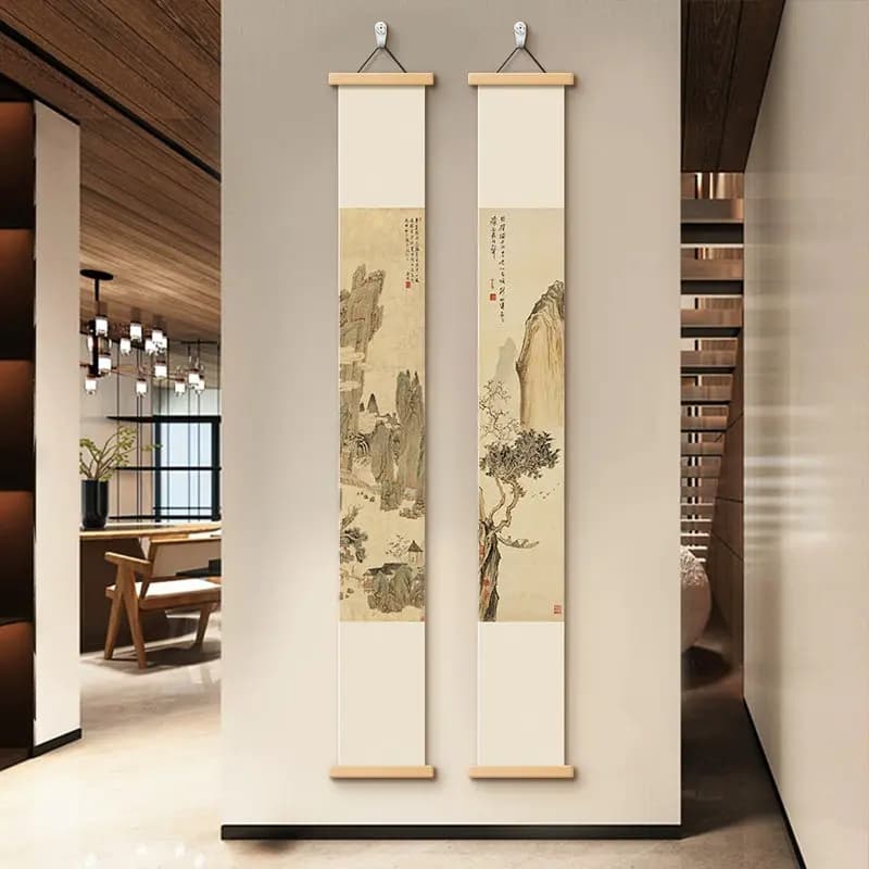 Wall Art Slim Vertical Botanical Landscape Pearlescent Canvas Hanging Scroll with Wooden Rods for Stairway and Hallway