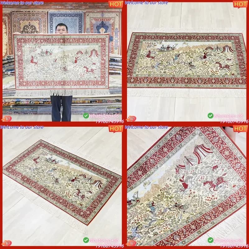 CECertificate 76x122cm Persian Look Modern Silk Hunting Design Low Pile Double Knot Washable Tapestry Carpet Handmade
