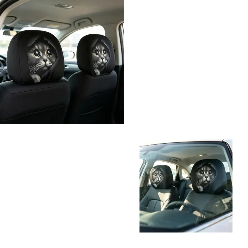 XA6H Matching Pair Of Feline Patterned Headrest Covers Protector For Vehicle Interior
