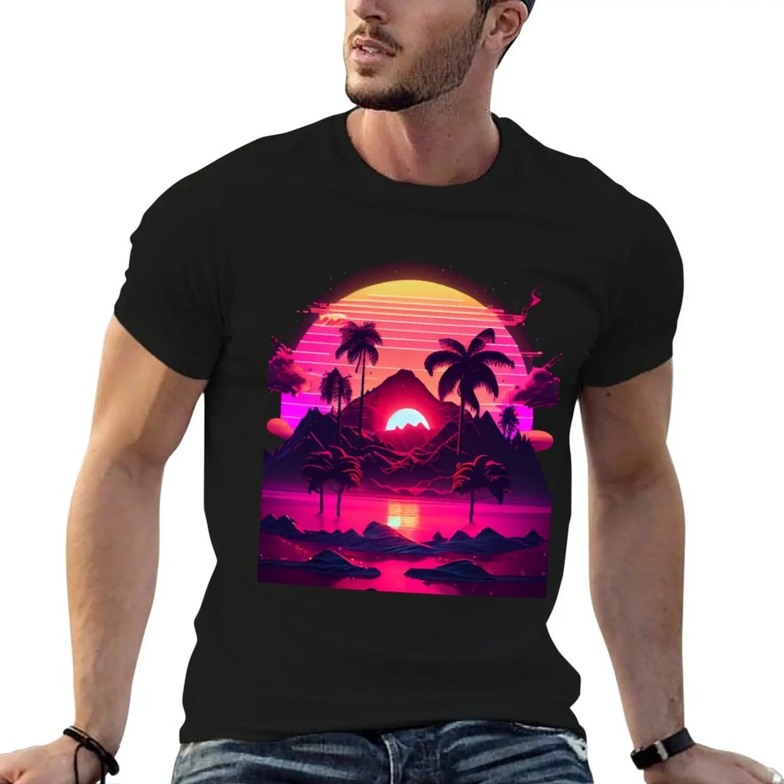 Synthetic Visions: Sunrise by the Sea T-Shirt Short sleeve tee street wear outfits for men