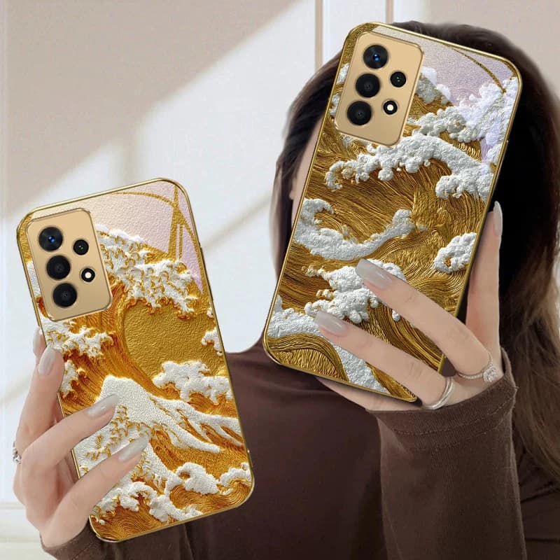 Wave texture pattern For Samsung A36 A35 A34 A33 A32 A31 A26 A25 A23 A22 A21s A73 A72 A71 A42 A56 A13 16 Golden glass phone case