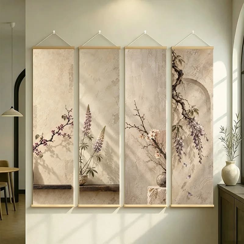 Wall Decorations Lupine Plumeria Wisteria Cherry Blossom and Redbud, Wabi Sabi Floral Pearlescent Canvas Scroll for Tea Room