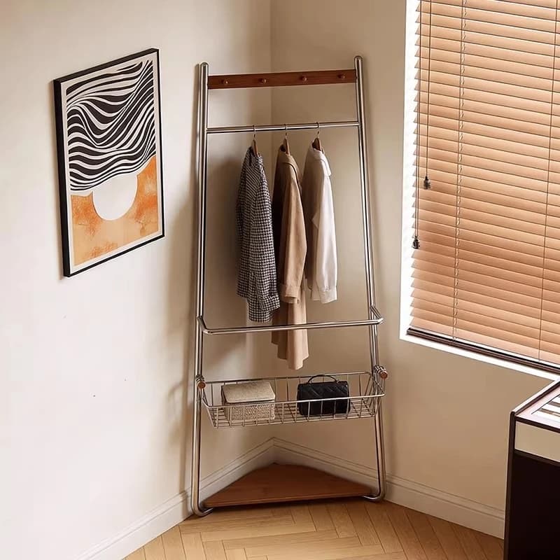 Medieval stainless steel floor-to-ceiling coat rack, bedroom balcony household simple shelf, creative storage hanger