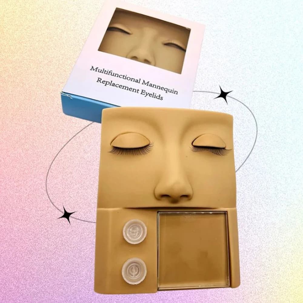 Eyelash Extension Training Flat Silicone Mannequin Model Head with Removable Replacement Eyelids Grafted Lashes Training Tools