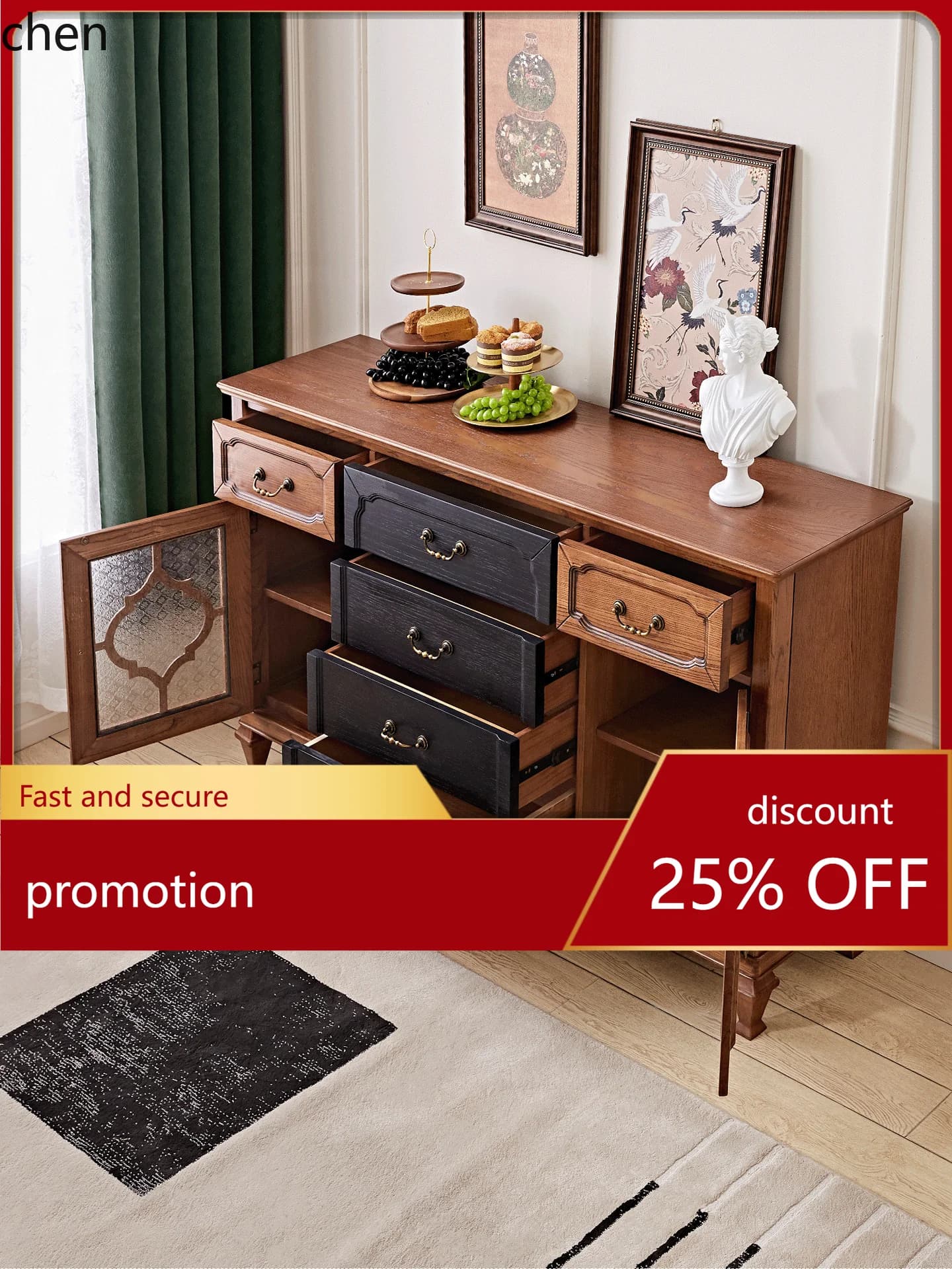 HT Vintage Style Solid Wood Sideboard Integrated Retro Storage Coffee Sideboard Simple Entryway Cabinet