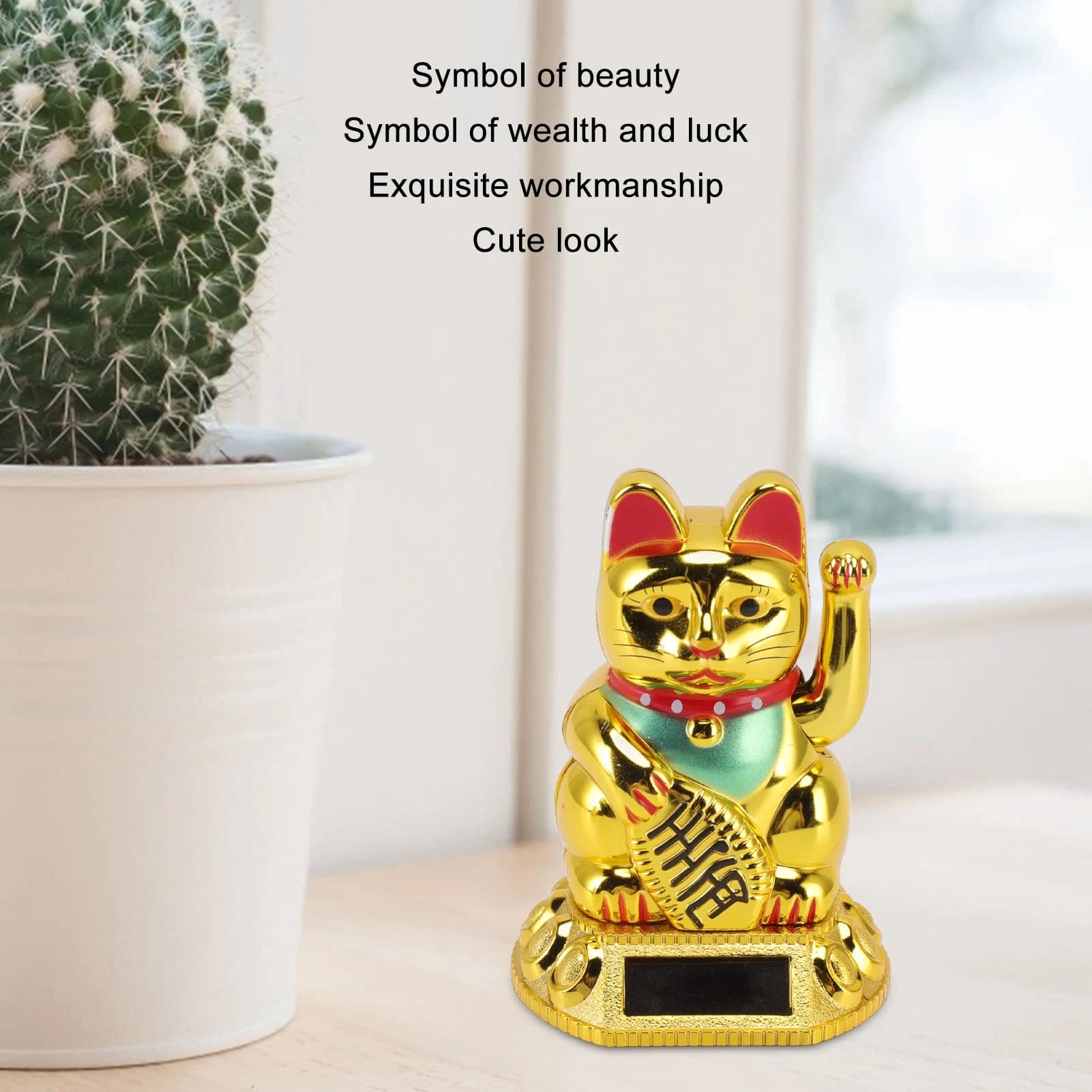 C2 Golden Chinese Lucky Cat Decoration with Waving Arm Solar Light Induction Statue Home Car Ornament Lucky Cat Figurine