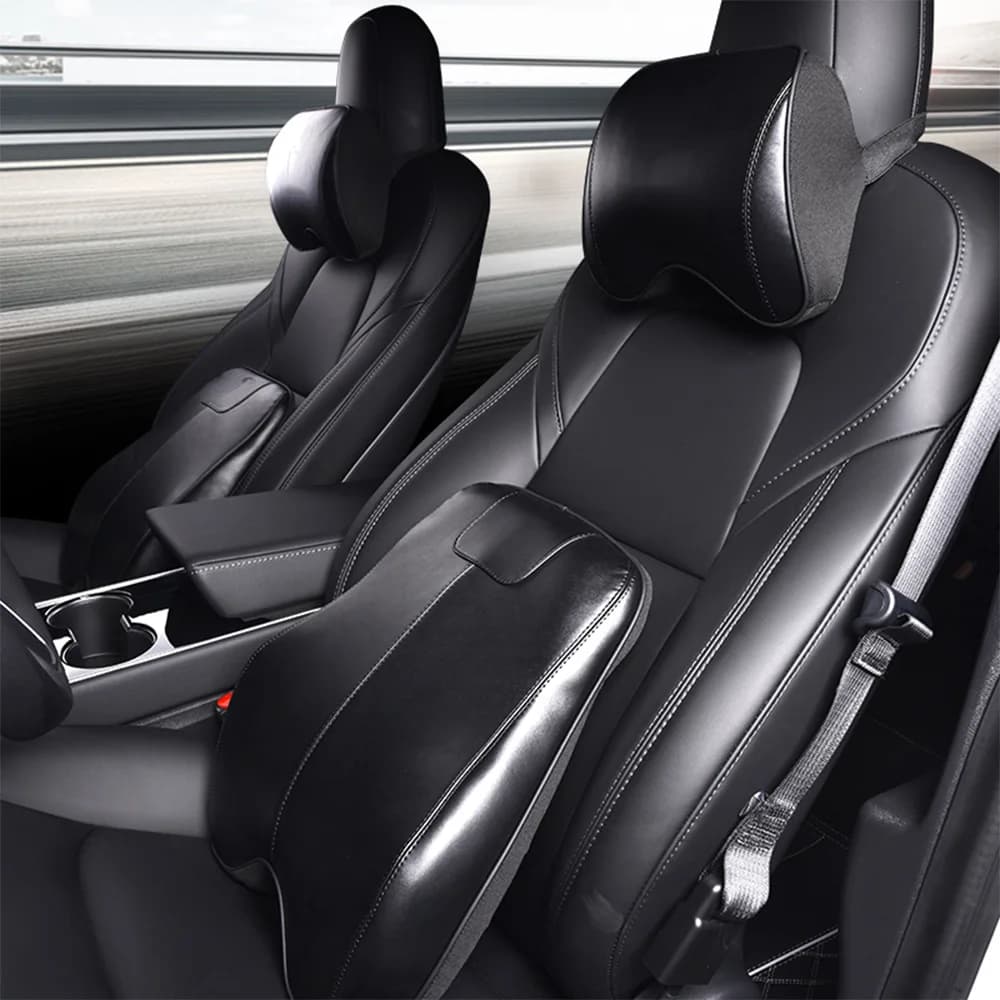 Car Seat Leather Waist Cushion Headrest Space Memory Foam Head Neck Lumbar Support Pillow Accessories For Tesla Model 3 Model Y