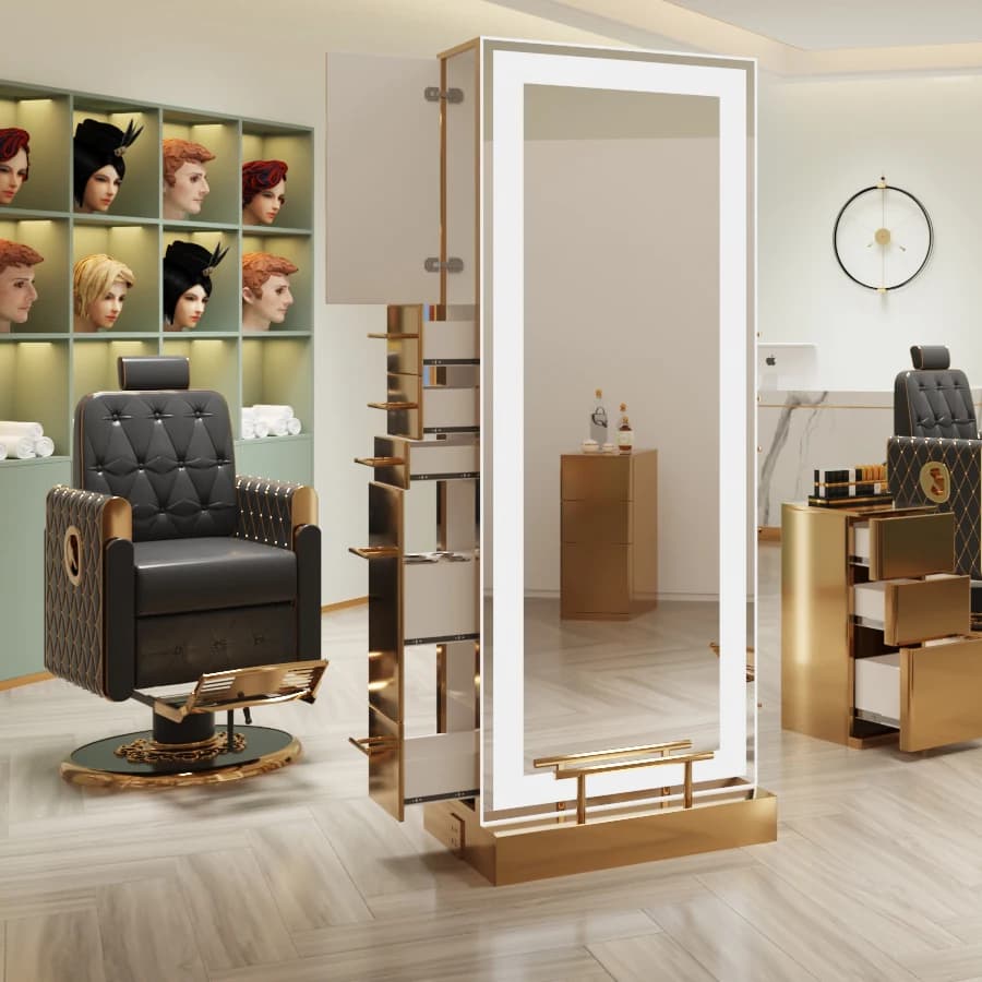 Luxury Gold Stainless Steel With LED Light Locker Double Sided Salon Barber Mirror Stand Customizable for Barber Shop