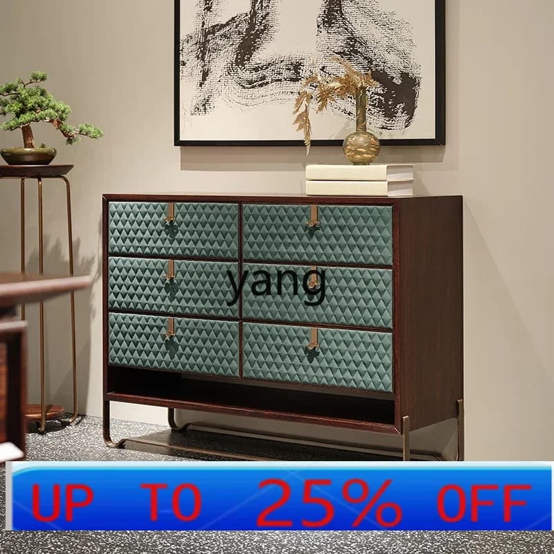 LTT New Chinese Ebony Leather Six Bucket Locker Modern Solid Wood Light Luxury Bedroom Furniture