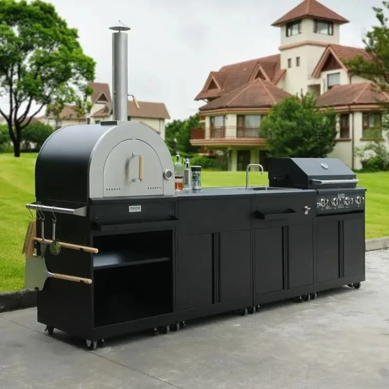 Outdoor Kitchen for Grill Pizza Oven Garden Furniture Set Black Stainless Steel Outdoor Bbq Corner Kitchen Cabinet with Sink