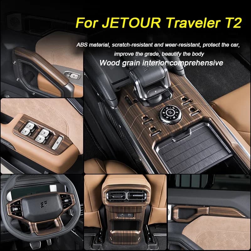 Wood Grain Interior For Jetour Traveler T2 2023 2024 2025 Central Gear Shift Panel, Door Handrail Trim Strip, Air Outlet Frame