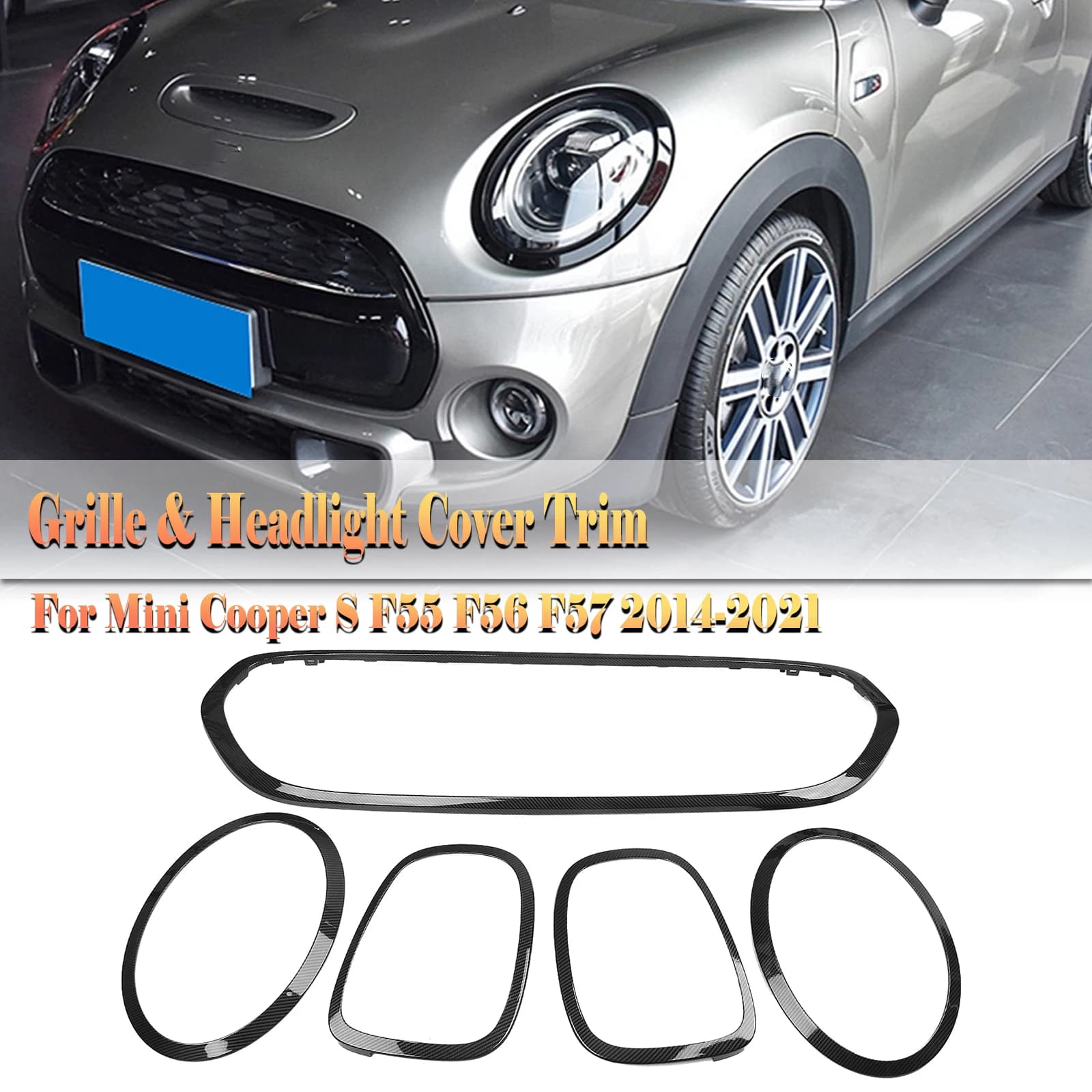 For Mini Cooper S F55 F56 F57 2014-2021 Upper Bumper Hood Grille Grill Frame Front + Rear Lamp Light Cover Trim Headlight Bezel