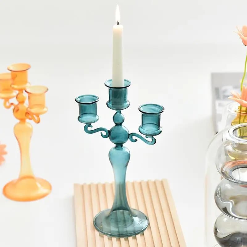 3 Arms Amber Glass Candelabra Vintage Tall Taper Candle Holder Table Centerpiece Wedding Home Decor Ornament