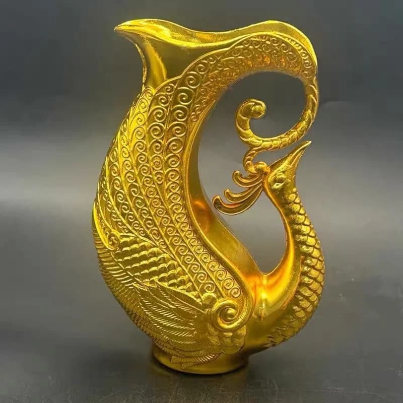 Gilt copper phoenix ornament, antique collectible wine flask, home and office decorative craft