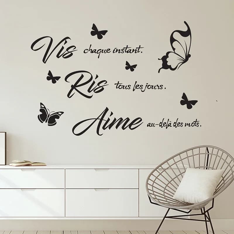 French Quote Wall Decal Vis, Ris, Aime Vinyl Sticker Butterflies Decoration For Living Room E434