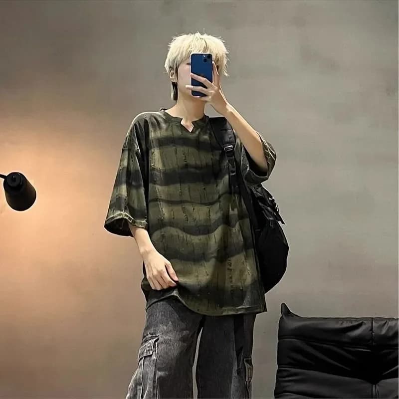 Men's Camouflage Print Loose Fit V Neck Short Sleeve T Shirt Casual Summer Daily Wear Top