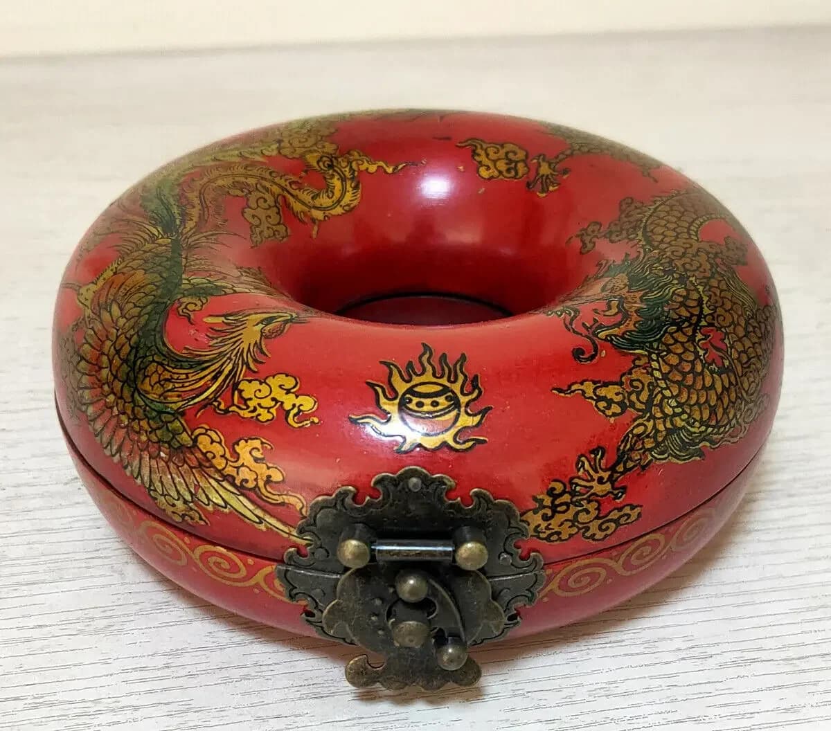 Classic Famous Leather Wooden Dragon Phoenix Round Box Antique 13.5cm Folk Art Collection Retro Crafts