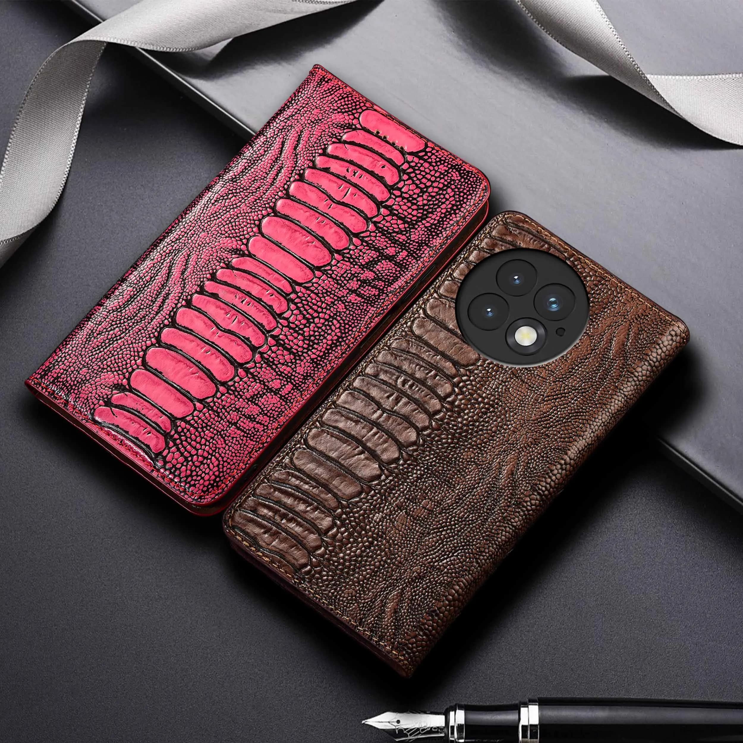 For Oneplus 6 6T 7 7T 8 8T 9 9R 9T 10R 10T 11 12 12R 13 13R 13T Pro Ostrich Feet Pattern Genuine Leather Flip Phone Cover Case