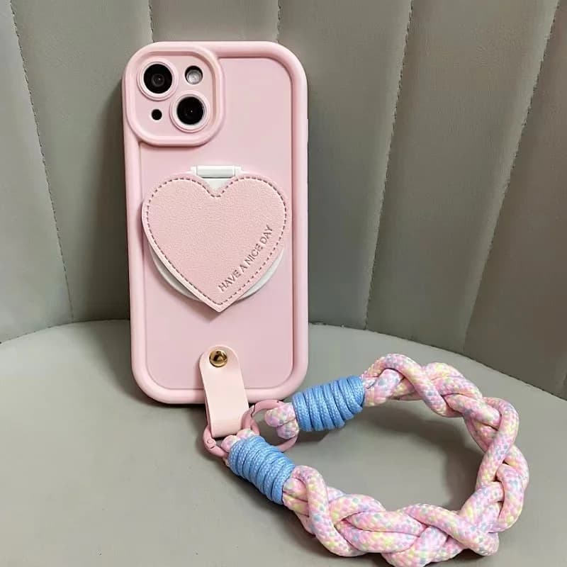 Pink Soft Phone Case For iPhone 16 Pro Max 15 14 Pro Max 11 12 13 Pro Max Case Cute Heart Mirror Stand Cover With Wrist Rope