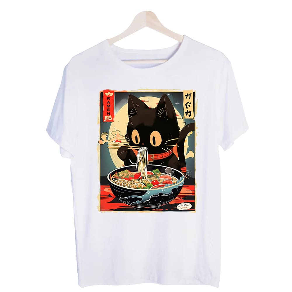 Men's Black Cat Ramen Graphic Tee, Short Sleeve Crew Neck T-Shirt for Casual Streetwear and Daily Outfits