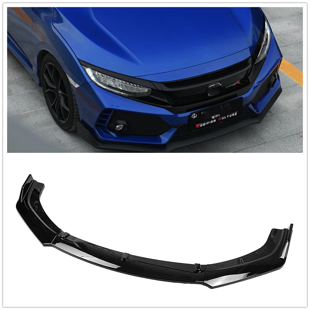 Front Bumper Spoiler Lip For Honda Civic X FC FK 10th Gen 2016-2020 4 Door Sedan Gloss Black / Carbon Fiber Look Blade Splitter
