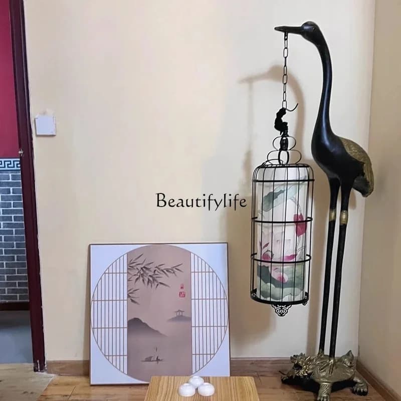 02New Chinese floor-to-ceiling luminous object Chinese wind bird cage creative lobby living room ornament