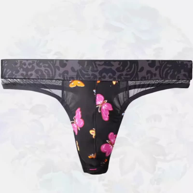 Men Ice Silk Thong Fashion Mesh Sexy Transparent G-string Hollowed Out Printed T Pants Thin Low Waist Elastic Intimates T-back