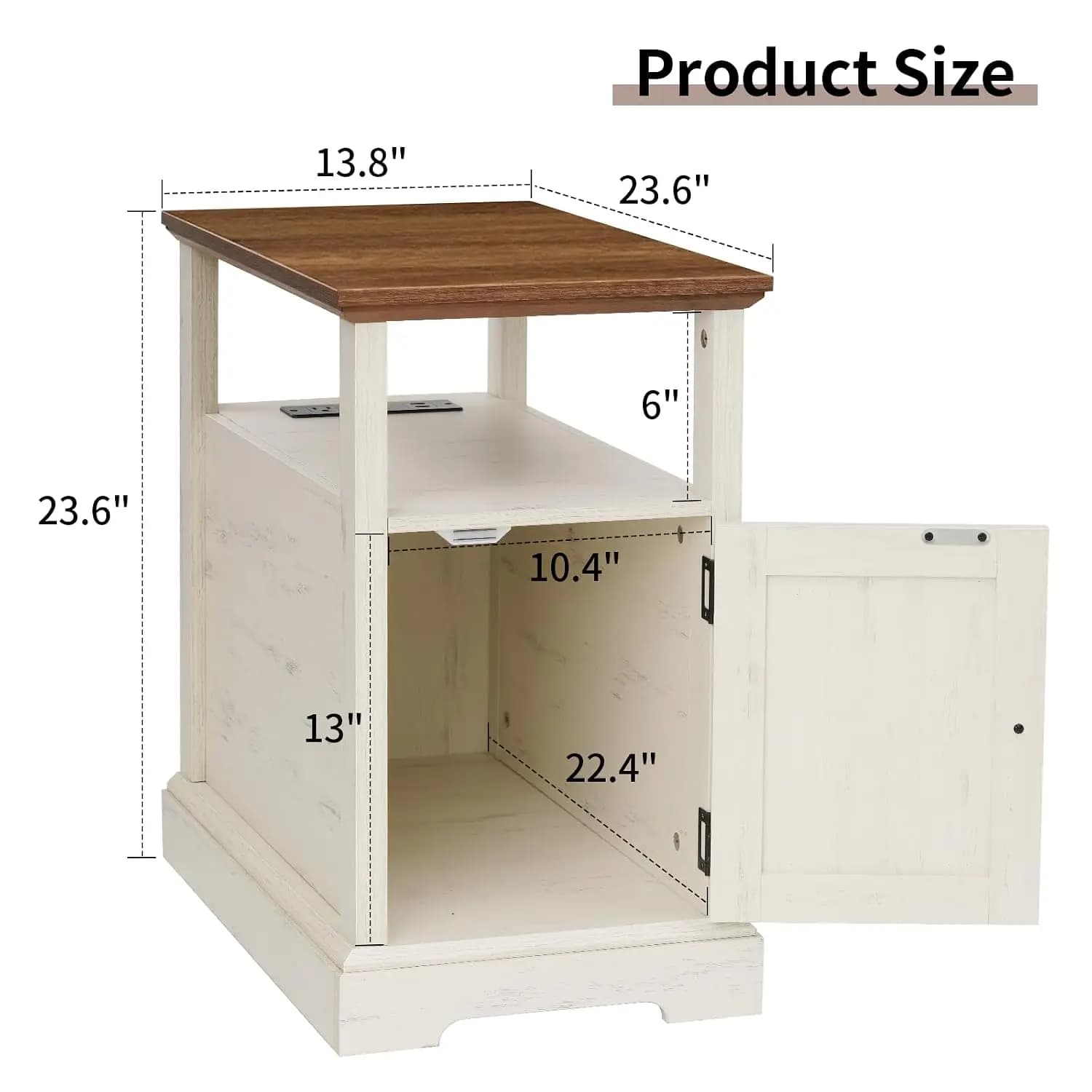 Farmhouse Narrow Side Table w/ Charging Station Open Shelf, Cabinet, White